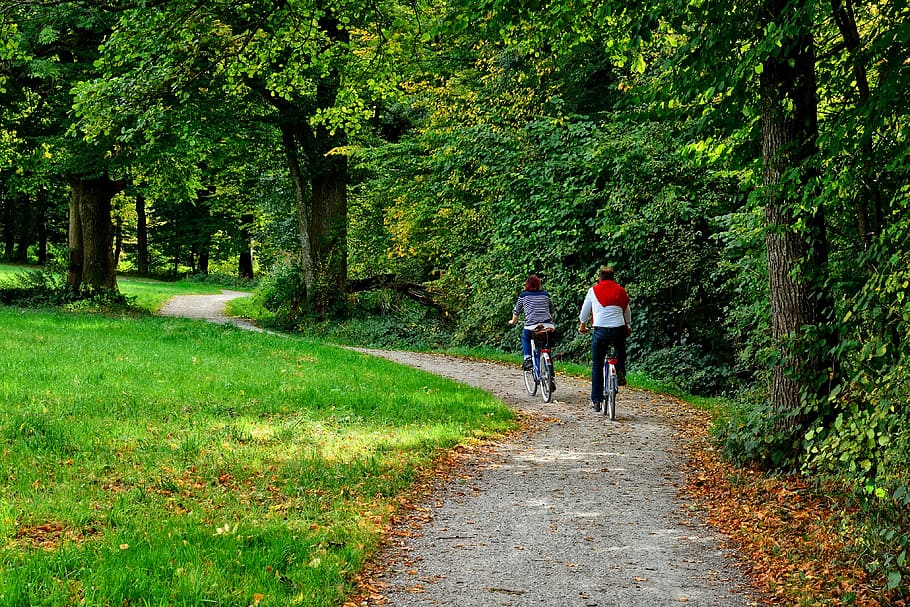 two person riding on bicycles on gray pathway, cycling, cyclists, HD wallpaper