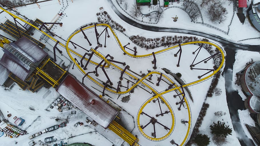 aerial photography of yellow train rail, aerial photography of yellow roller coaster during daytime, HD wallpaper