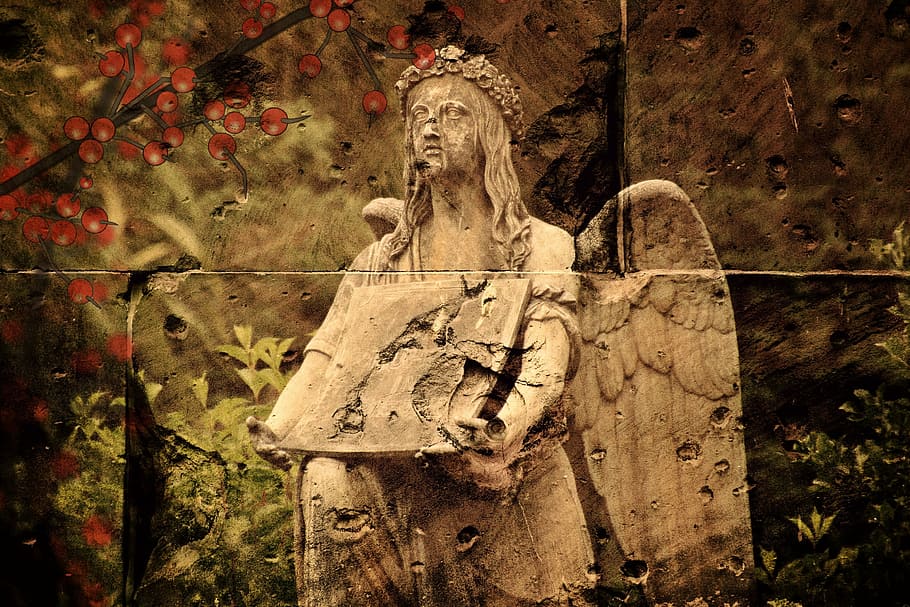 beige angel statue near red fruit tree painted on wall, texture HD wallpaper