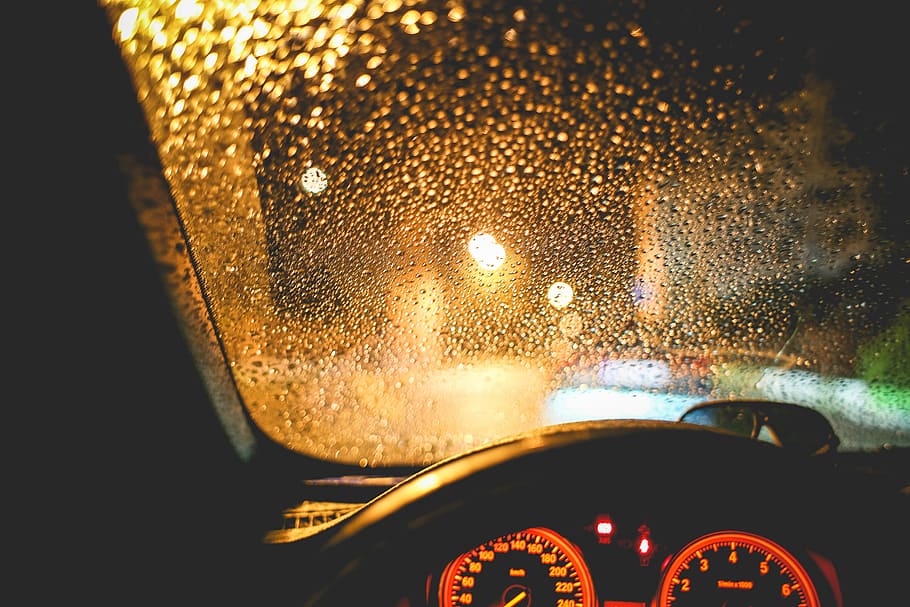 Rainy View From The Car At Night, cars, drops, raindrops, speed