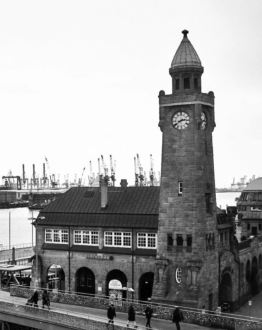 pegelturm, landungsbrücken, port of hamburg, black and white, HD wallpaper