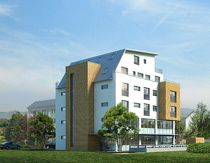 white and brown modern house, multi-family home, villa, rendering HD wallpaper