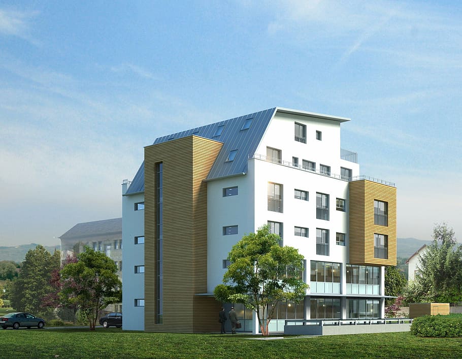 white and brown modern house, multi-family home, villa, rendering HD wallpaper
