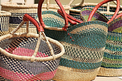 brown and pink wicker baskets, craft, sales stand, wickerwork HD wallpaper