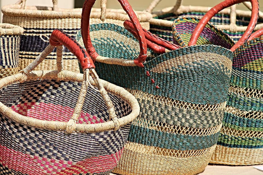 brown and pink wicker baskets, craft, sales stand, wickerwork HD wallpaper