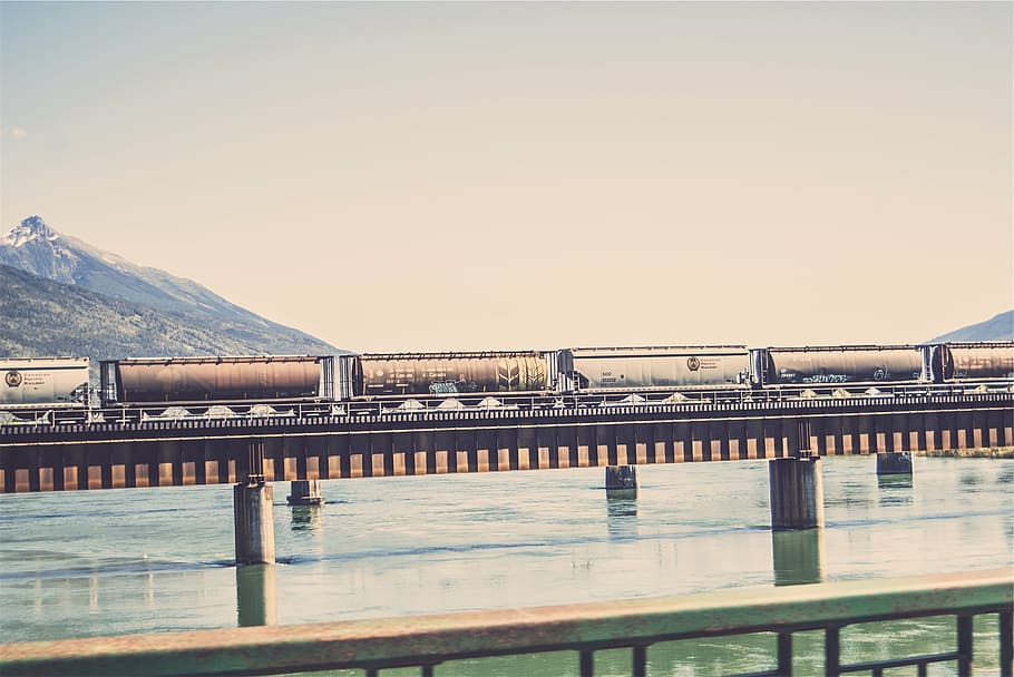 train on bridge, white, brown, track, overlooking, mountains, HD wallpaper