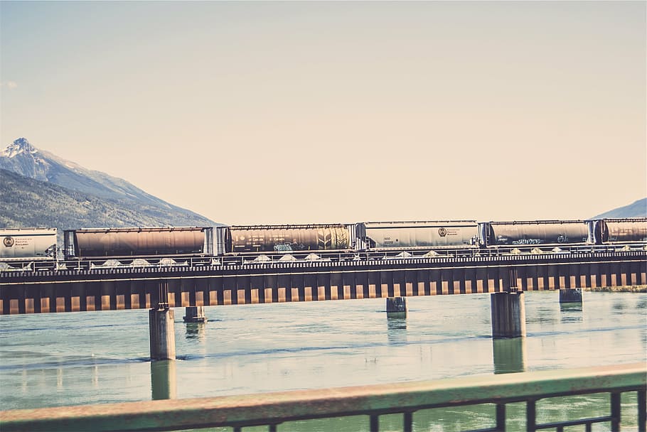 train on bridge, white, brown, track, overlooking, mountains HD wallpaper