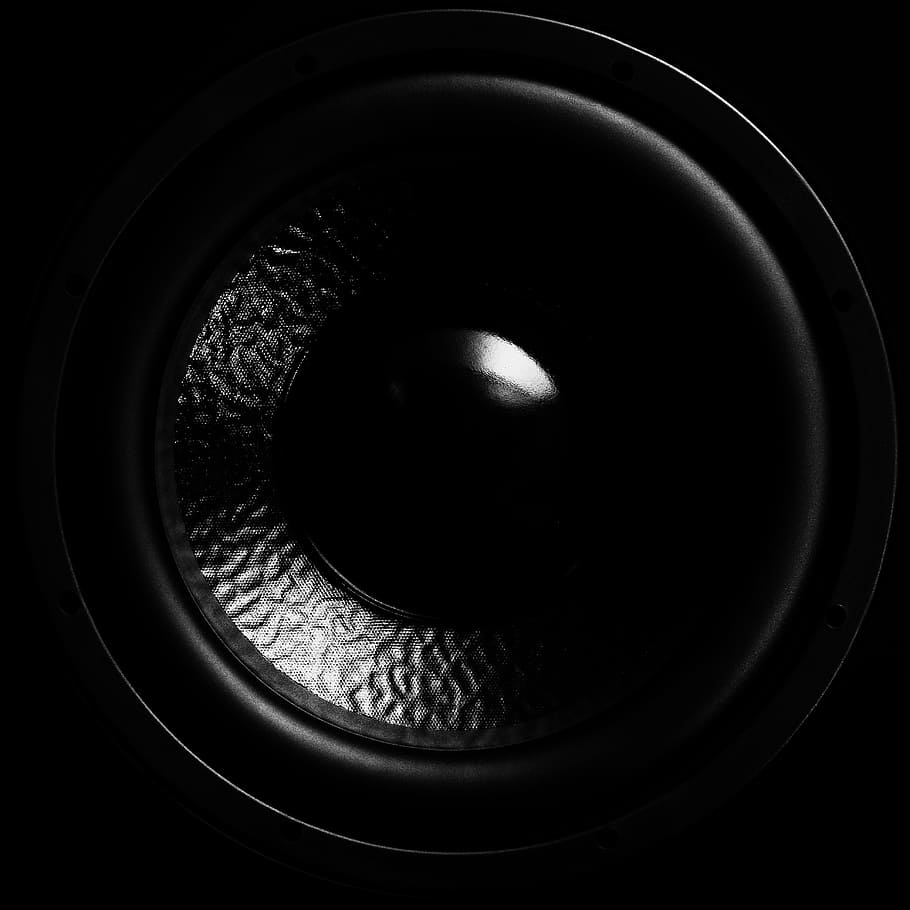 round black subwoofer, speakers, bass, membrane, music, audio