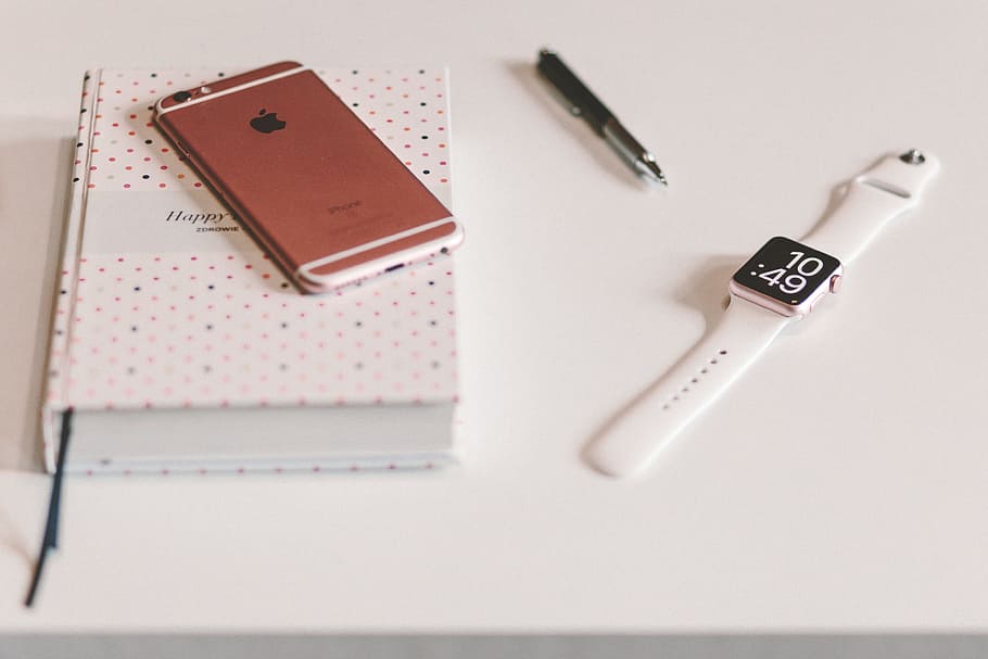 White Apple Watch and iPhone, technology, equipment, no people HD wallpaper