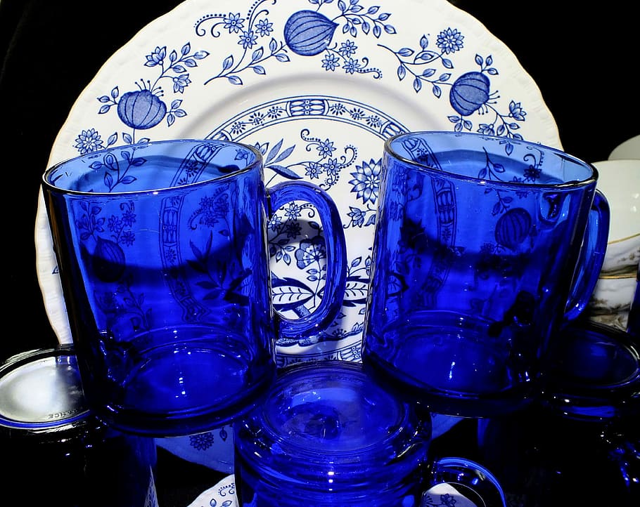 Cobalt Blue, Glasses, Dishes, Home Decor, sapphire, vintage, HD wallpaper