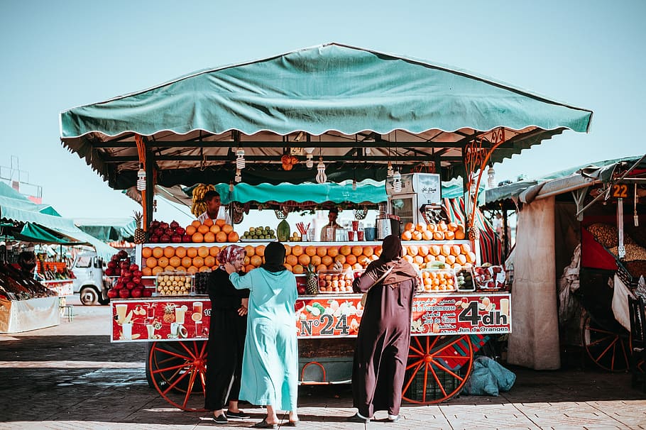 Marrakesh, two women standing in front of food cart, street market, HD wallpaper