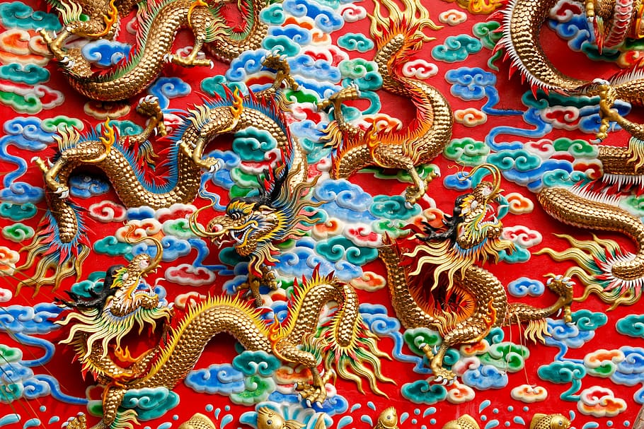 gold-colored dragon ornaments, dragons, china, thailand, architecture