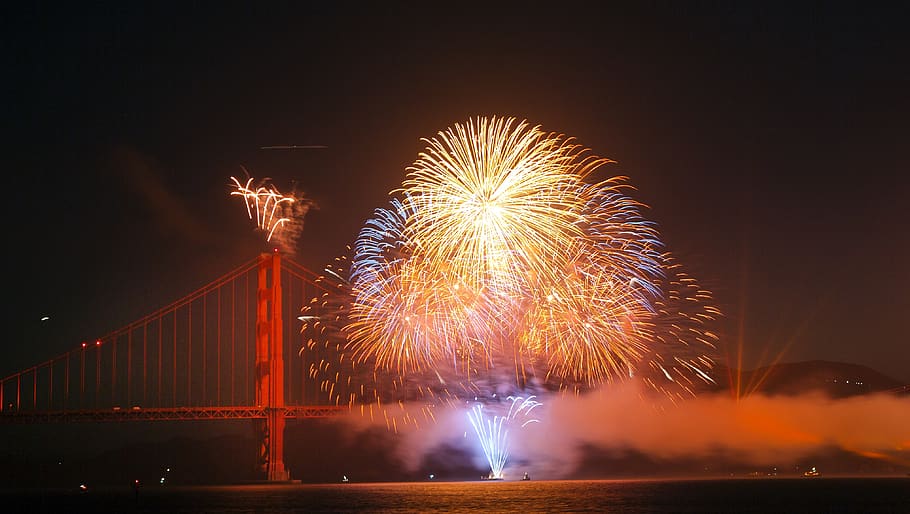 fireworks, golden gate bridge, san francisco, celebration, landmark, HD wallpaper