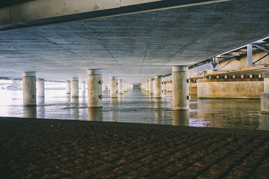 bridge, concrete, underneath, columns, construction, architecture HD wallpaper