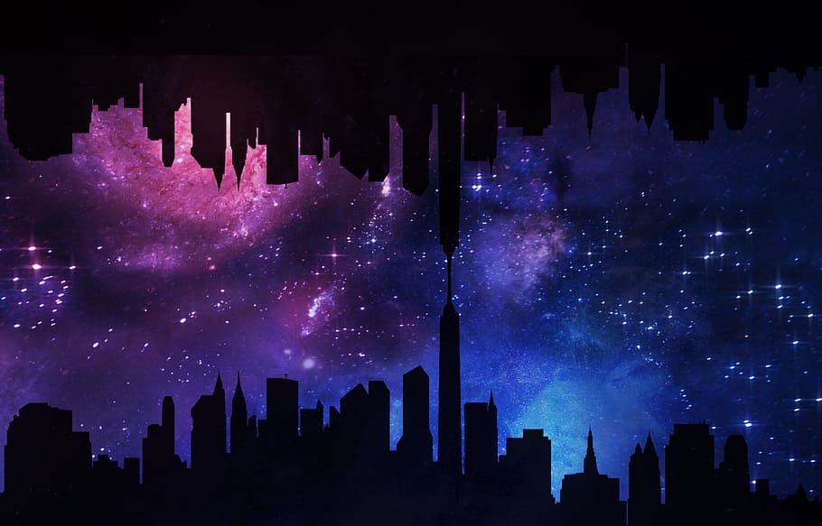 silhouette of buildings with galaxy background, digital art, space