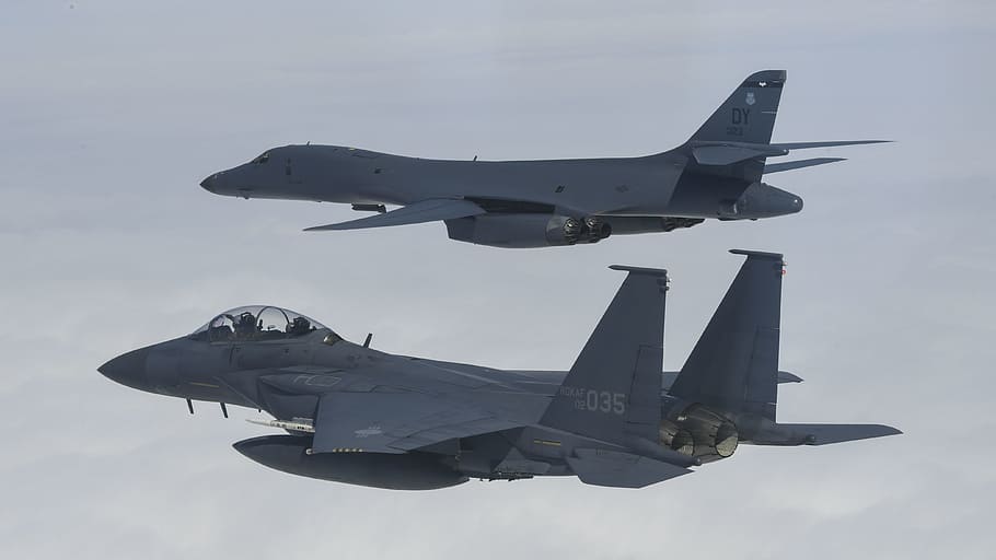 f-15, b-1b lancer, flight, formation, air force, aviation, aircraft HD wallpaper