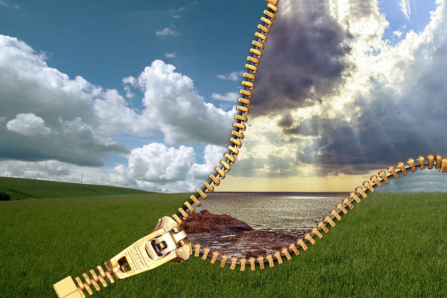 grass field and ocean illustration, zipper, closure, lock, sky HD wallpaper