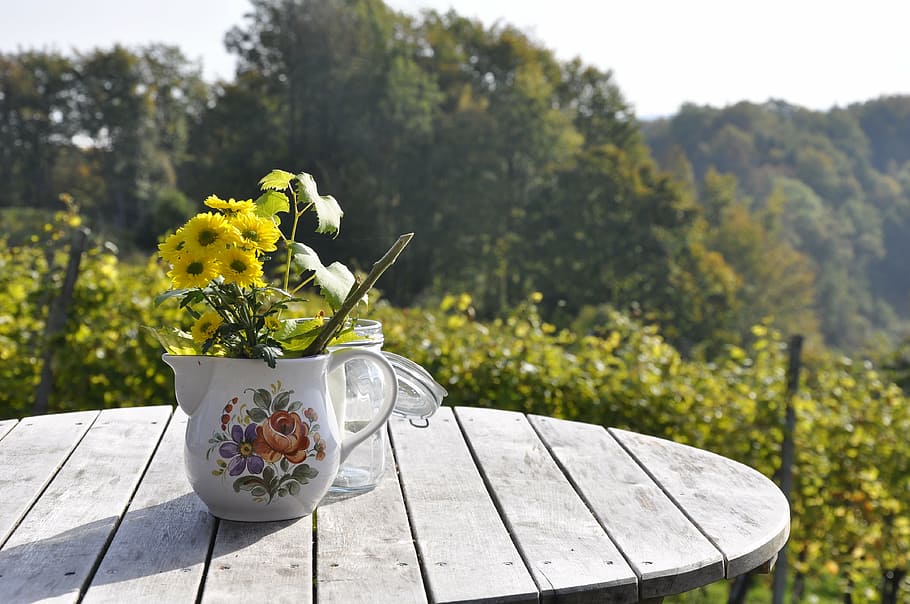 yellow petaled flowers in white vase with view of trees in the background HD wallpaper