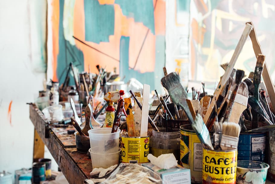 still, items, things, paint, brushes, tin, cans, table, paintings HD wallpaper