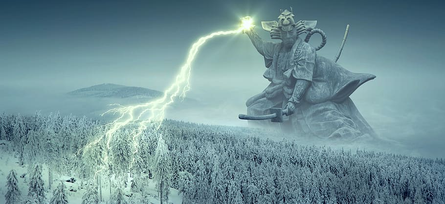 statue of god with lightning, fantasy, flash, winter, samurai, HD wallpaper