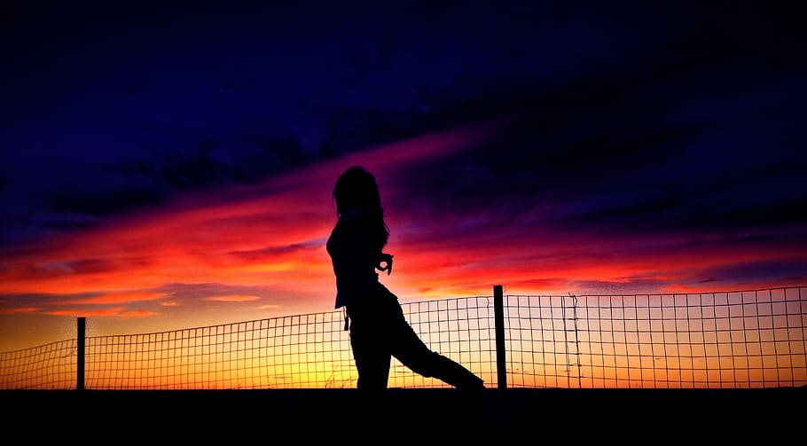 silhouette, sunset, dance, prairie, sky, cloud - sky, one person HD wallpaper