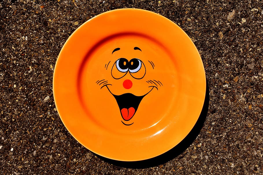 Plate, Tableware, Smiley, Cute, porcelain, colorful, eat, orange, HD wallpaper