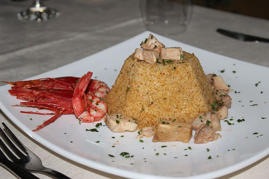 cous cous, dish, fish, prawn, food, arabic cuisine, sicily HD wallpaper