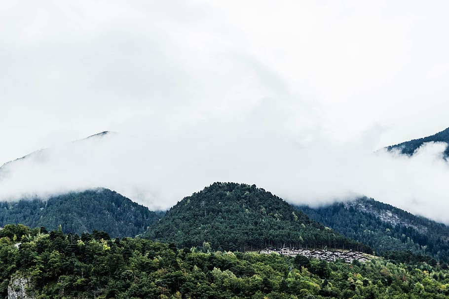 mountains, landscape, trees, forest, clouds, sky, scenics - nature HD wallpaper