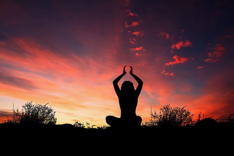 silhouette photography of woman doing yoga during golden hour HD wallpaper
