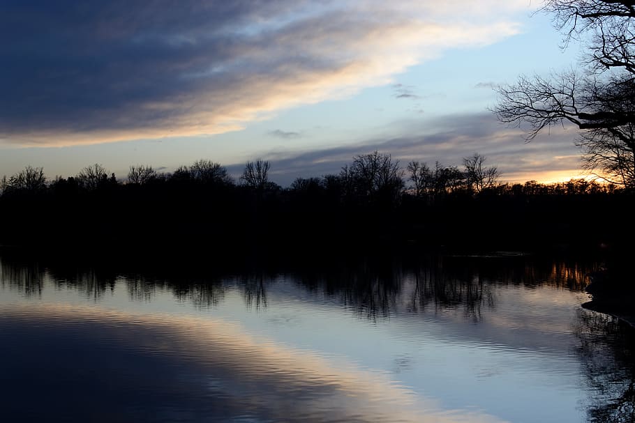 dusk, sunset, waters, nature, landscape, twilight, pond, mirroring, HD wallpaper