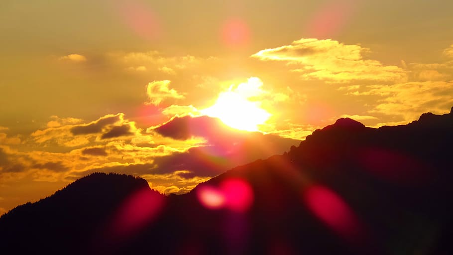 Sun, Clouds, Sunset, Sunlight, Sky, silhouette, nature, red HD wallpaper