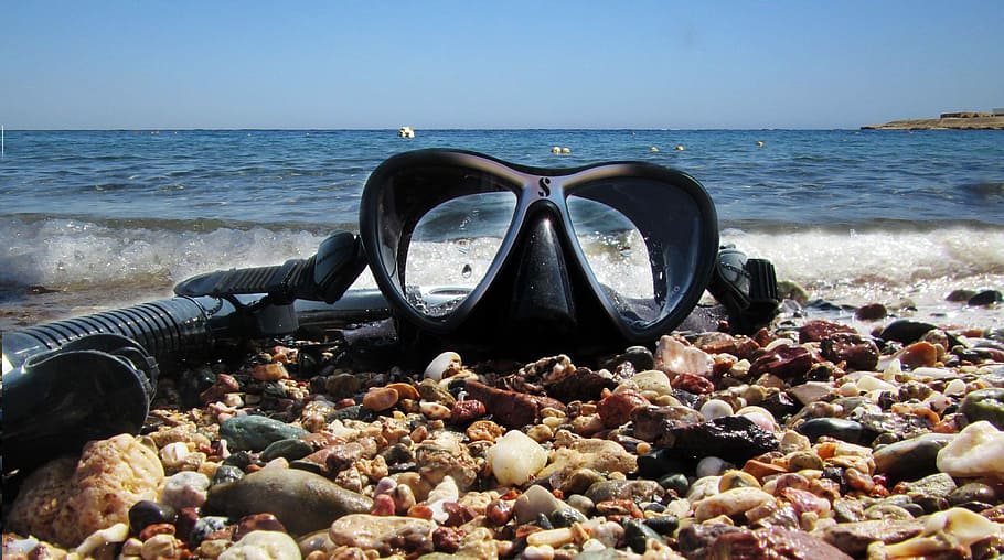 black swimming goggles on seashore, Diving, Water, Red Sea, Egypt