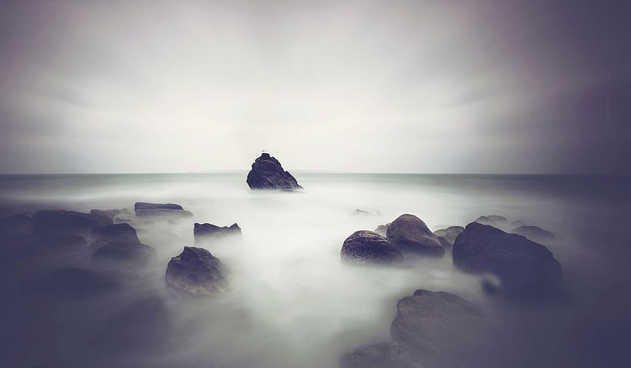 black stone on water, motion, rocks, ocean, nature, landscape HD wallpaper