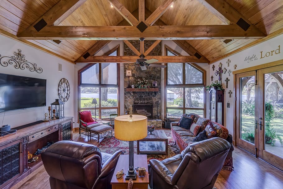 architectural photography of brown wooden house, indoors, window HD wallpaper