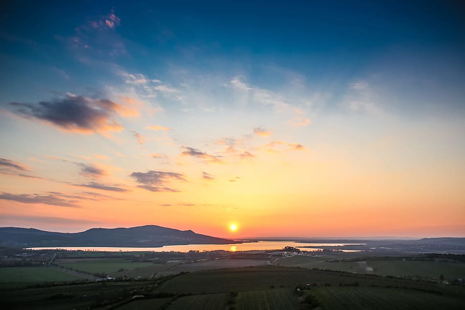 bird's-eye view photo of landscape field during golden hour, aerial photo of green field during golden hour HD wallpaper