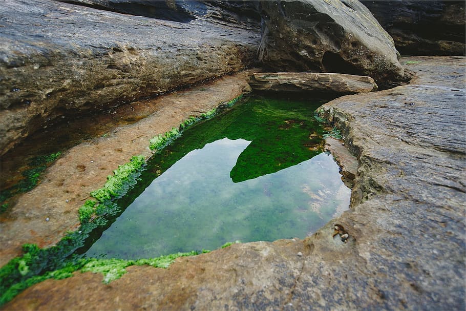 landscape photography of body of water, rocks, moss, solid HD wallpaper