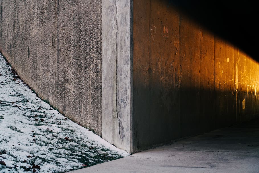 wall, tunnel, sunlight, shadow, grass, snow, dark, architecture HD wallpaper