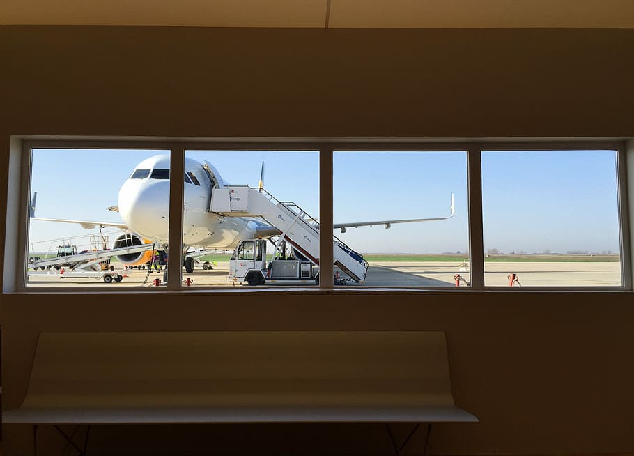 white airplane on gray surface, window, airport, steps, aircraft, HD wallpaper