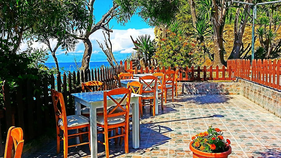 restaurant, sea, tables, tree, plant, nature, seat, chair, absence HD wallpaper