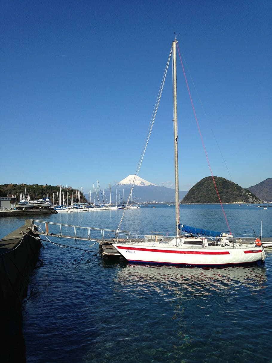 mt fuji, sea, cruiser, blue sky, nautical vessel, transportation, HD wallpaper