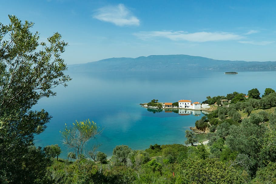 white concrete house surrounded with body of water, nature HD wallpaper