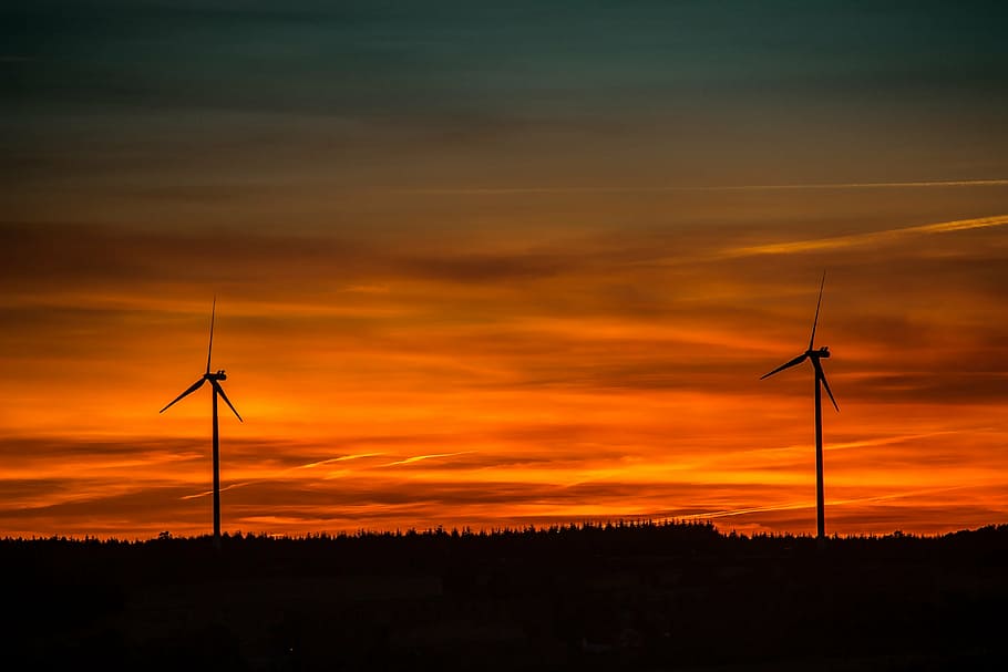 photo of silhouette two windmills, sunset, setting sun, windräder HD wallpaper