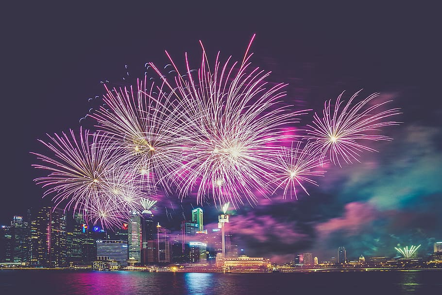 fireworks display at night, fireworks display, night time, city HD wallpaper