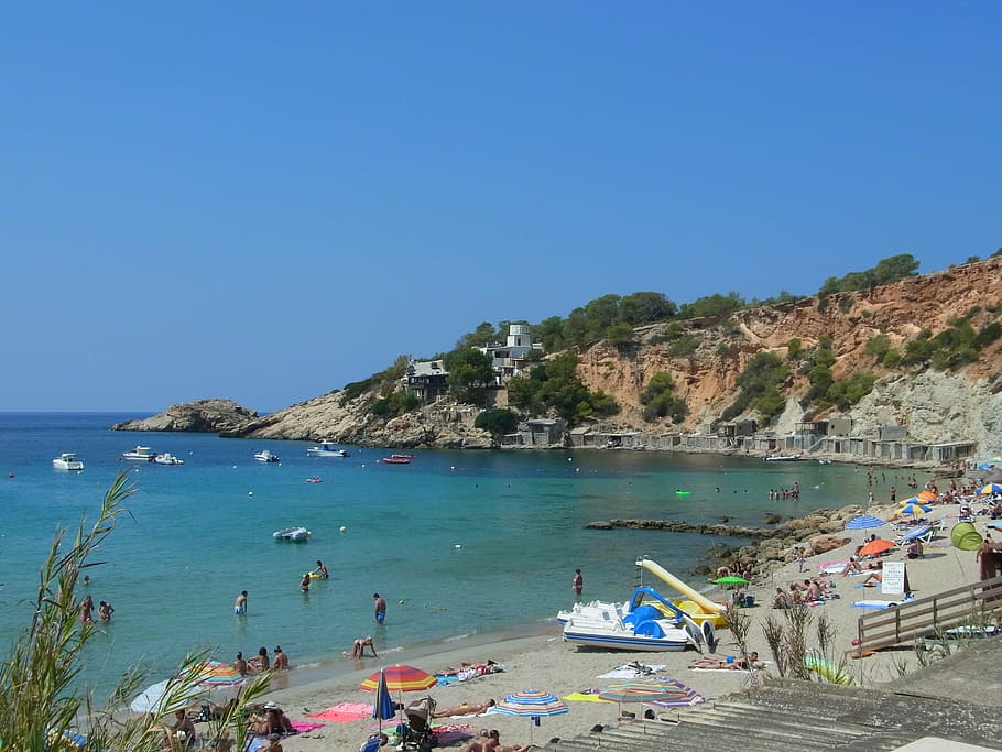 people swimming on beach, ibiza island, spain, mediterranean, HD wallpaper