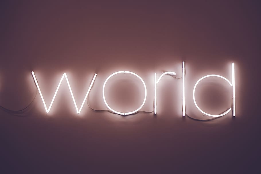 World LED signage, glowing, illuminated, backgrounds, shiny, light - Natural Phenomenon HD wallpaper