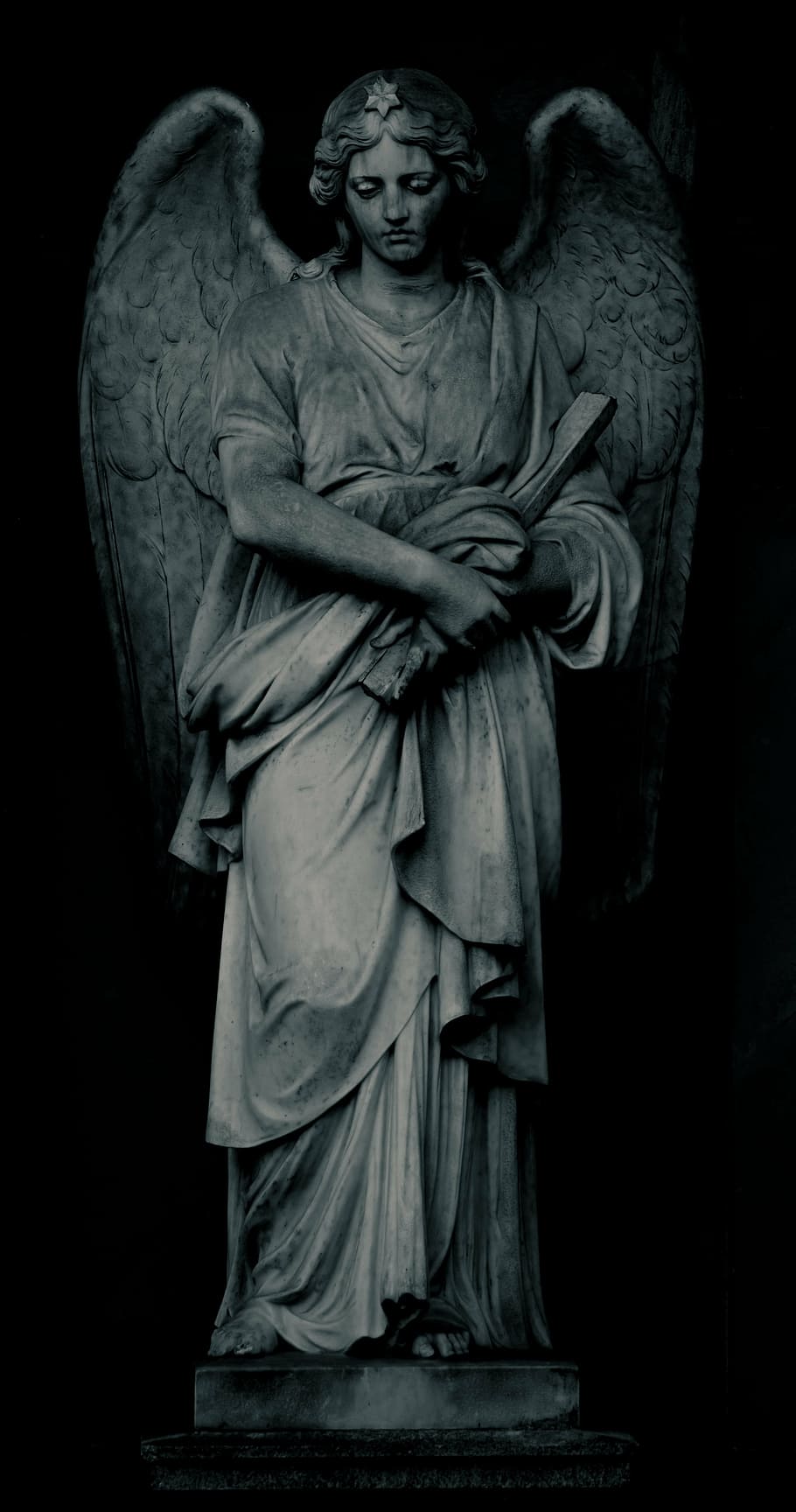 angel statue with black background, cemetery, grave, tombstone