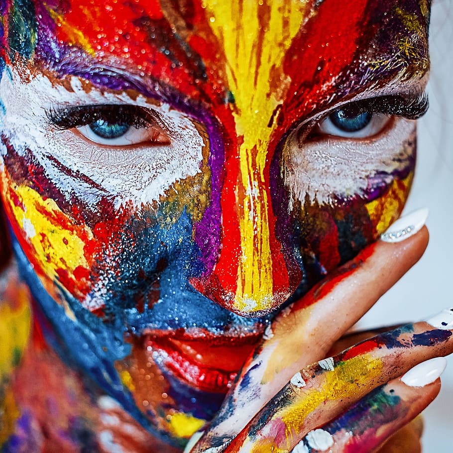 woman with face painting, makeup, cracky, girl, cosmetics, brush