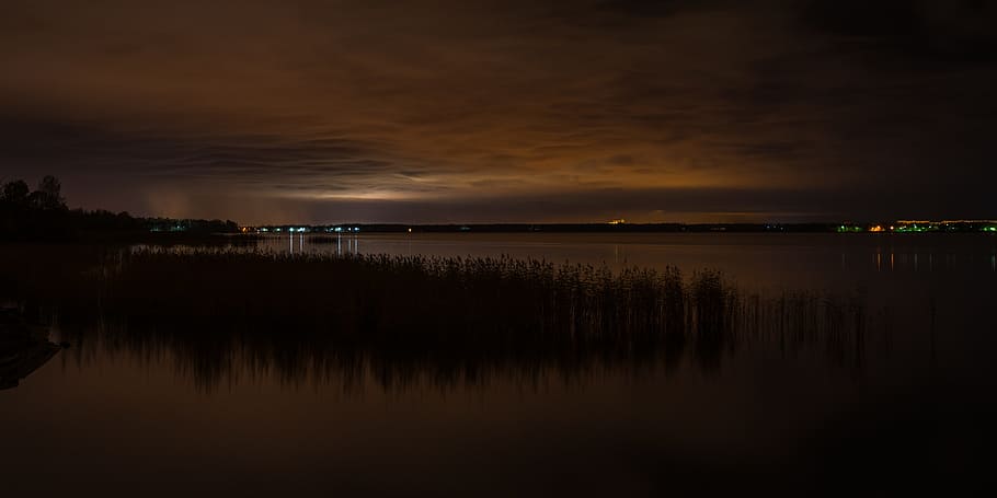 water, night, reed, clouds, sky, reflection, cloud - sky, scenics - nature HD wallpaper