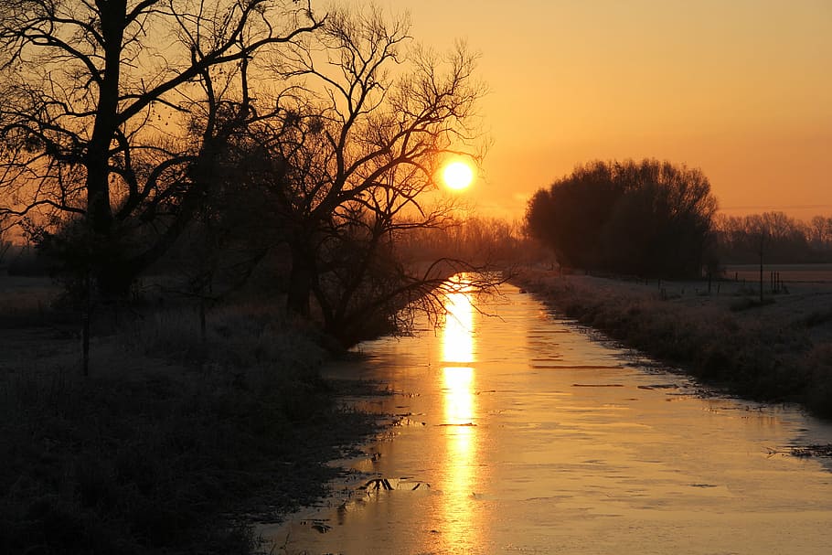 sunset, river, creek, water, evening sky, abendstimmung, mirroring HD wallpaper