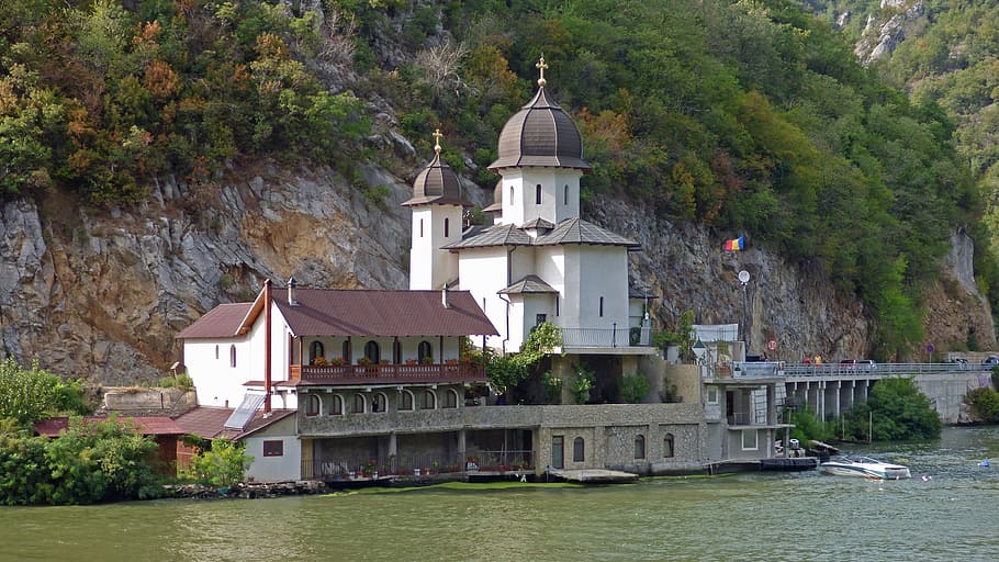 danube, iron gate, mracuna, monastery, river, gorge, romania HD wallpaper